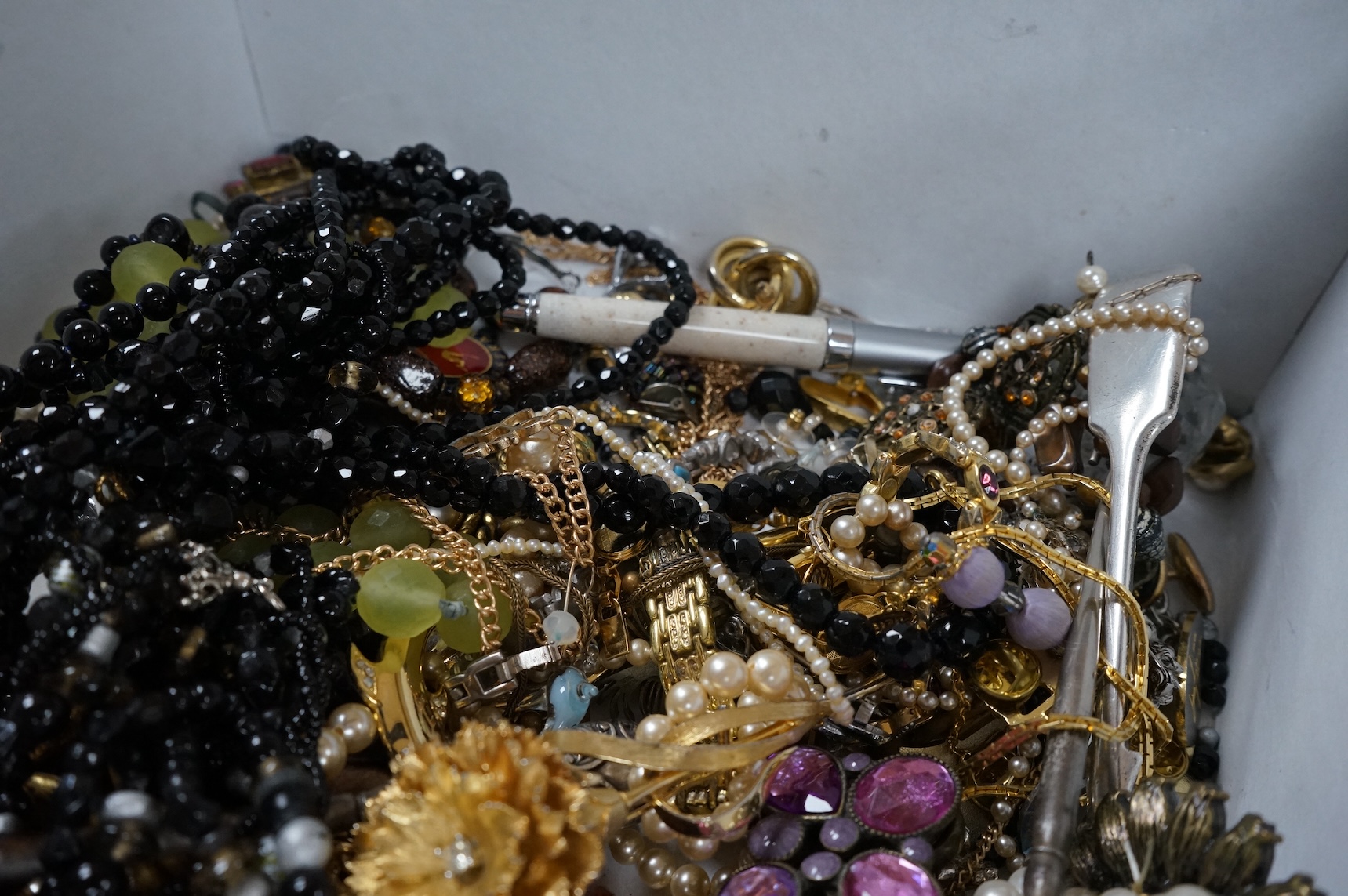A quantity of assorted recent costume jewellery and two silver handled button hooks.